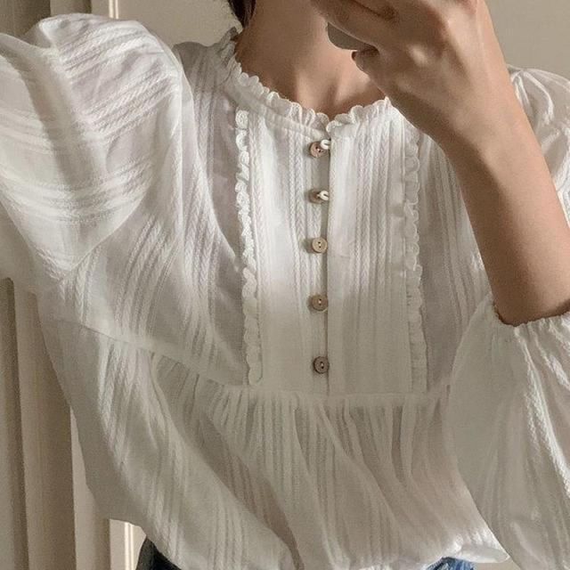 Long-Sleeve Lace Trim Blouse