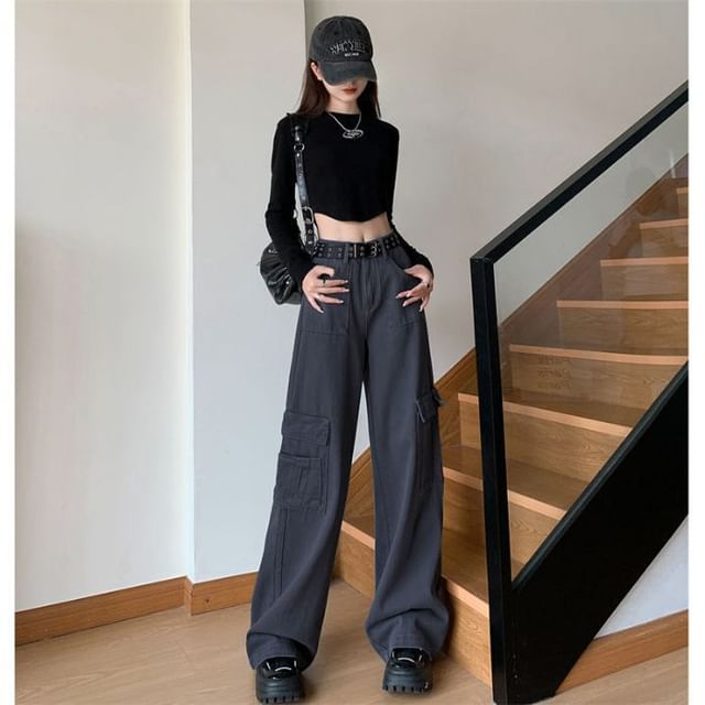 High Waist Plain Fleece-Lined Wide Leg Cargo Pants