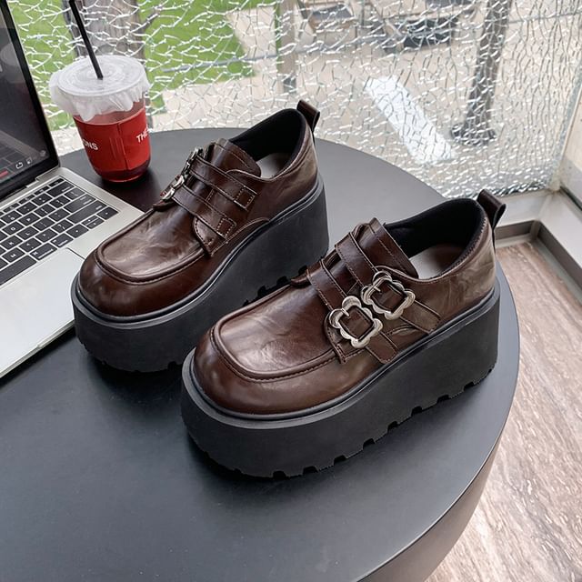 Faux Leather Buckled Ankle Shoes