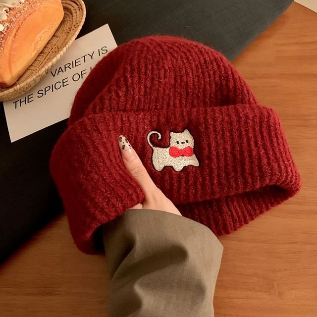 Cat Embroidered Knit Beanie