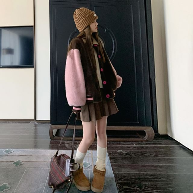Faux Fur Color Block Button-Up Baseball Jacket