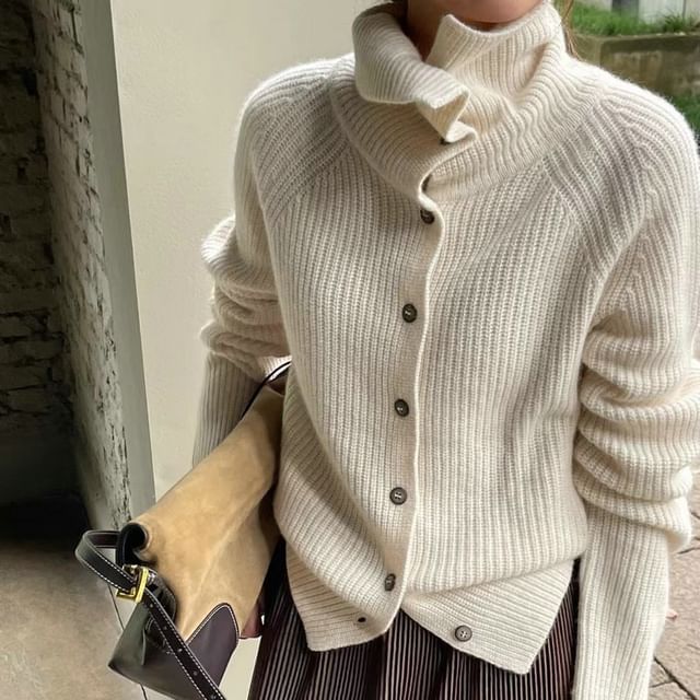 Turtleneck Button Front Solid Knit Cardigan