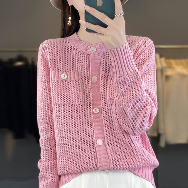 Crew Neck Solid Knit Cardigan