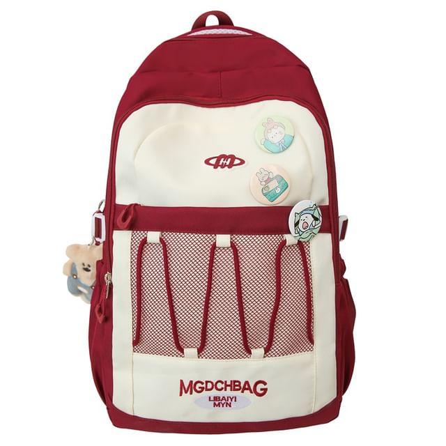 Lettering Embroidered Drawstring Mesh Panel Nylon Backpack / Brooch / Set