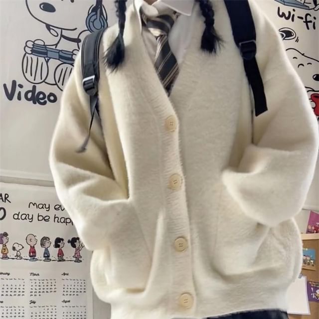 V-Neck Button-Front Solid Cardigan