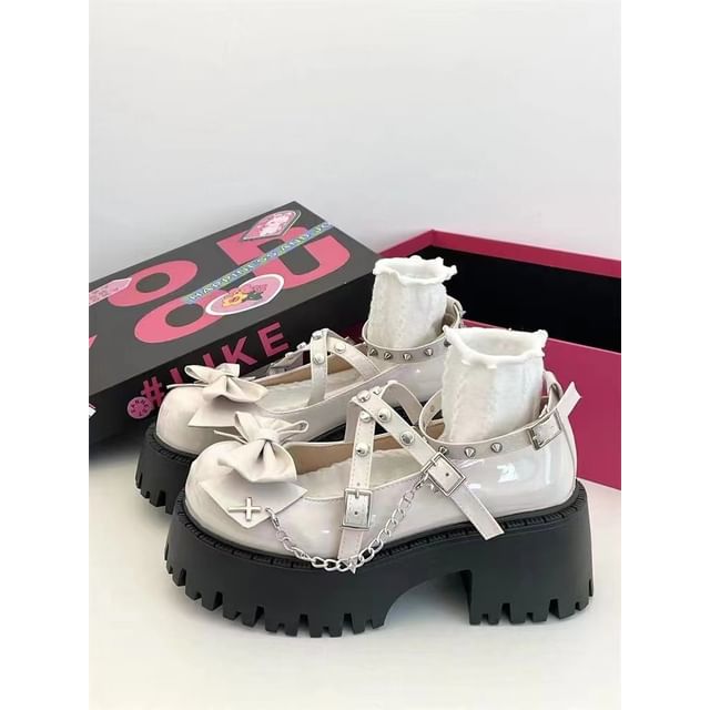 Bow Studded Cross Strap Platform Chunky Heel Mary Jane Pumps