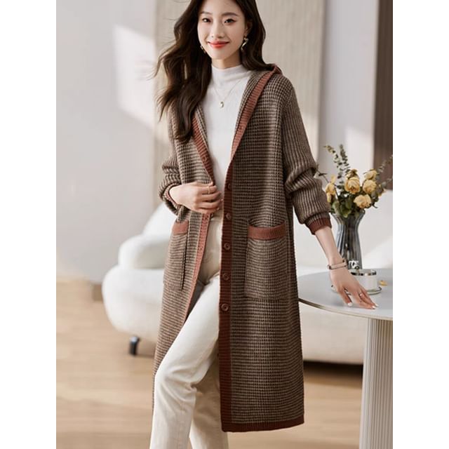 Hooded Contrast Trim Single Breasted Long Cardigan