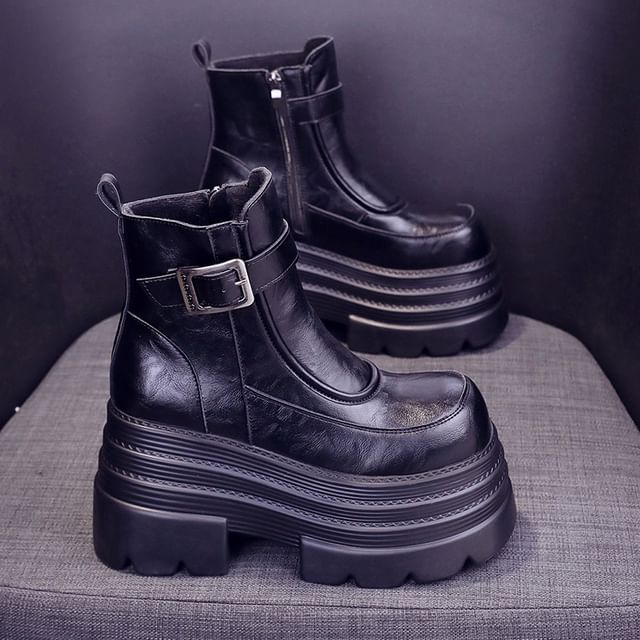Platform Plain Buckled Zip-Up Genuine Leather Short Boots