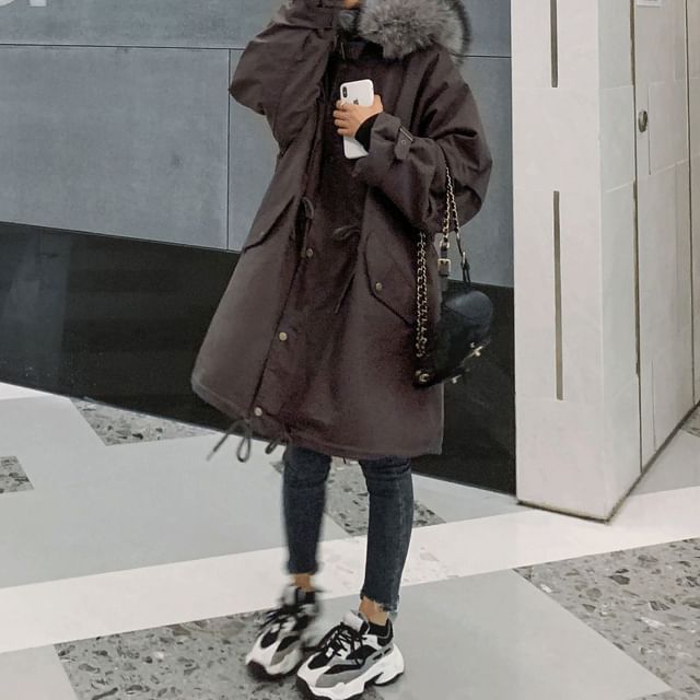 Faux Fur Button-Up Long Parka