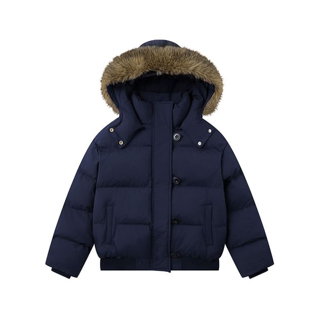 Fluffy Hooded Plain Button Up Puffer Jacket