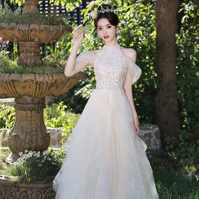 Panel Sleeveless Gown Cold A-Line Evening Shoulder Mesh Sequin