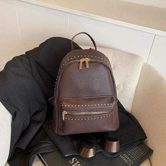 Plain Studded Faux Leather Backpack