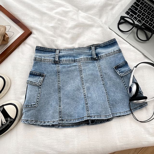 High Waist Panel Mini Denim Cargo Skort