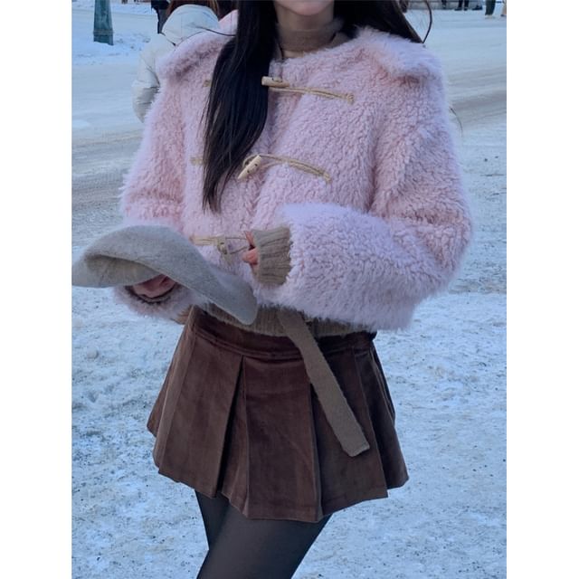 Collared Plain Fluffy Toggle Jacket