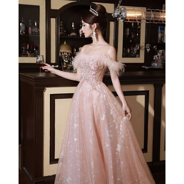 Cold-Shoulder Butterfly Print Flower Embroidered A-Line Evening Gown