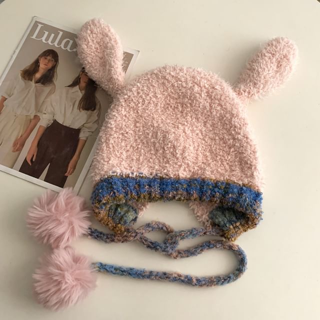 Rabbit Ear Pom Pom Panel Fluffy Knit Hat