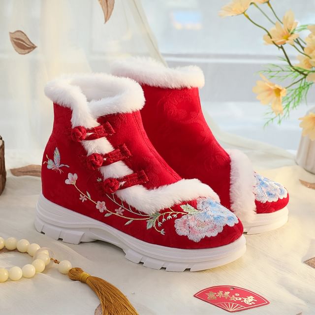 Boots Short Embroidery Trim Furry Floral Lace-Up
