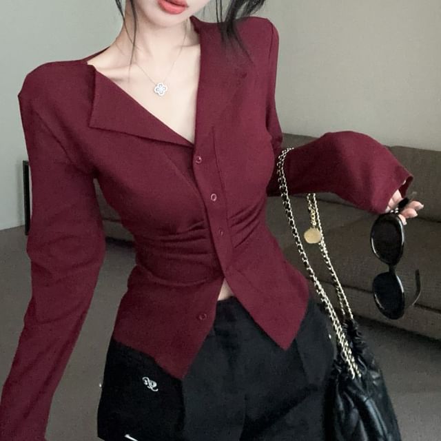 Long Sleeve V-Neck Plain Ruched Button Top