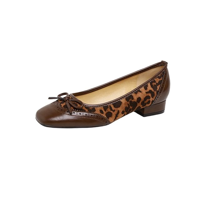 Accent Heel Pumps Low Bow Faux Leopard Print Panel Leather Brogue