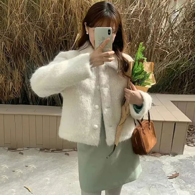 Collar Plain Fluffy Button Jacket