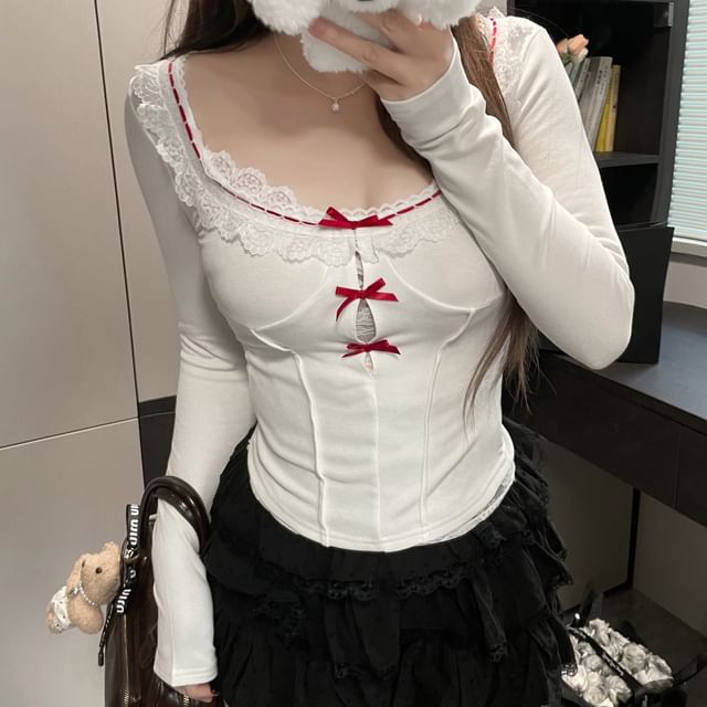Long-Sleeve Square Neck Lace Trim Top