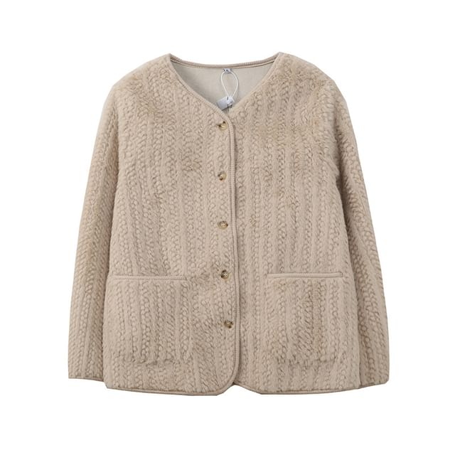 V-Neck Faux Fur Button-Up Jacket