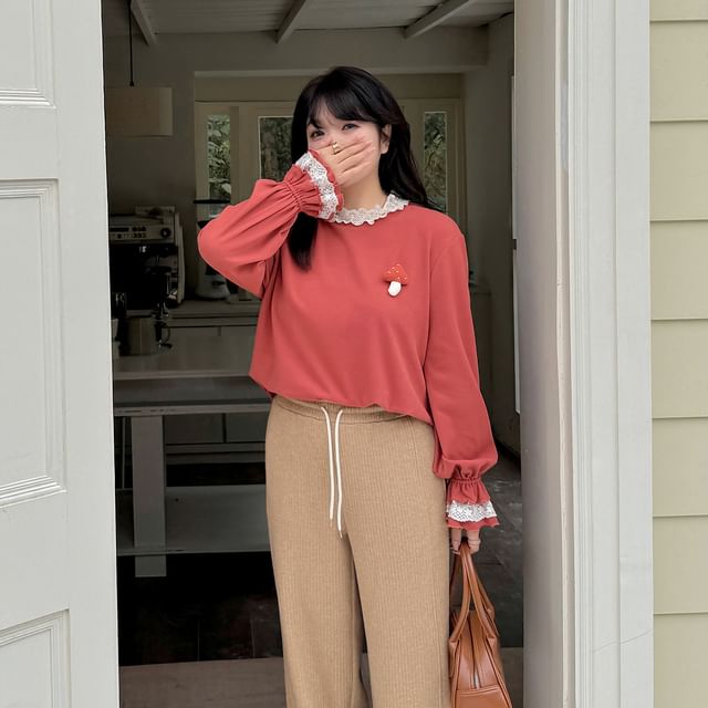 Plus Size Long-Sleeve Round Neck Lace Trim Mushroom Detail Top