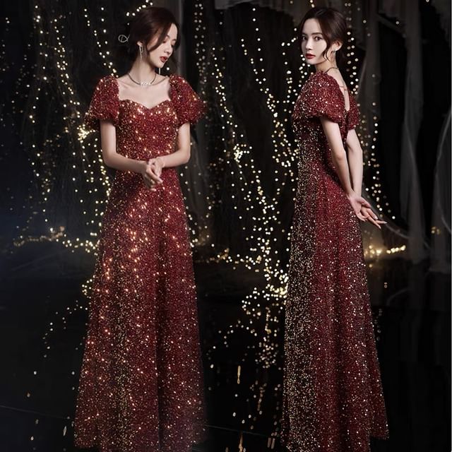 Sequin A-Line Neckline Short-Sleeve Sweetheart Evening Gown