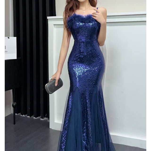 Spaghetti Strap Furry Trim Mesh Overlay Mermaid Evening Gown