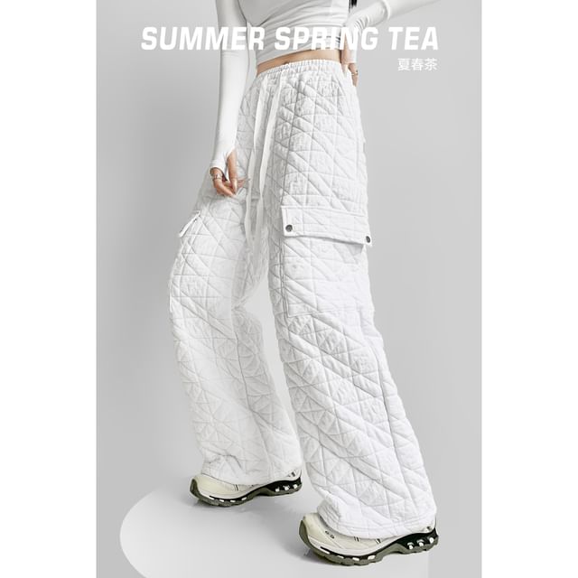 Drawstring Waist Plain Quilted Wide Leg Cargo Pants (Various Designs)