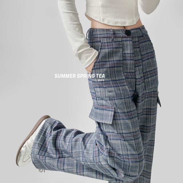 Mid Waist Plaid Wide Leg Cargo Pants