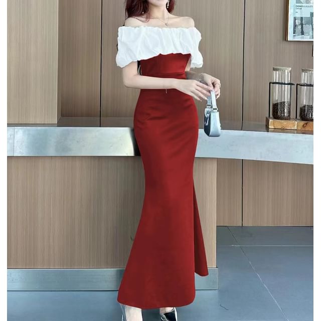 Gown Ruffle Trim Off-The-Shoulder Tone Mermaid Two Evening