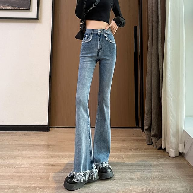 High Waist Fringed Hem Flared Pants (Various Designs)