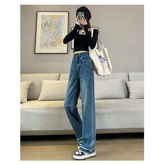 High Waist Washed Frayed Loose Fit Jeans (Various Designs)