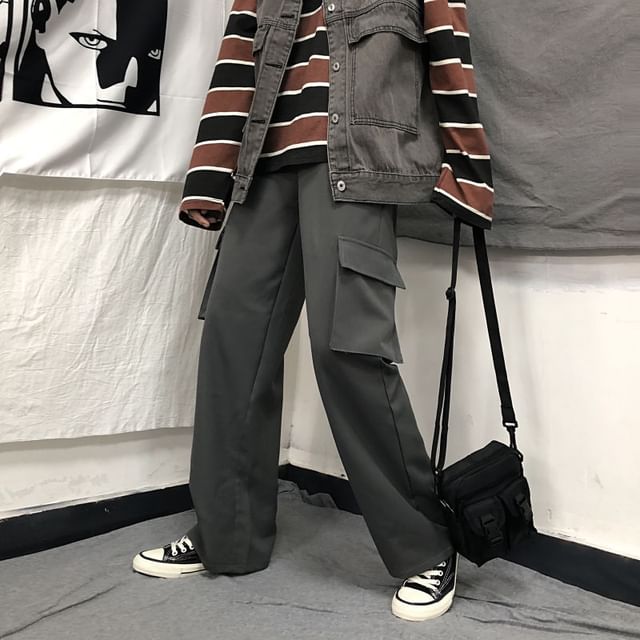 Elastic Waist Plain Fleece-Lined Wide Leg Cargo Pants