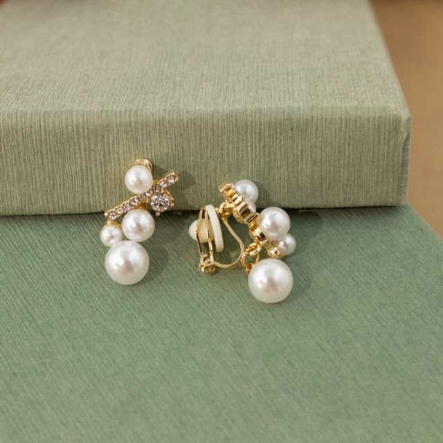 Faux Pearl Rhinestone Drop Earring / Clip On Earring