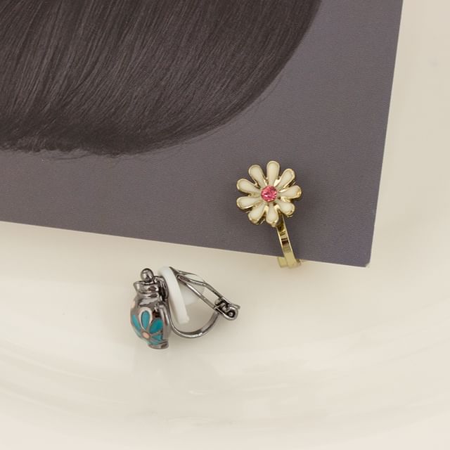 Enamel Flower Teapot Asymmetrical Stud Earring / Clip On Earring