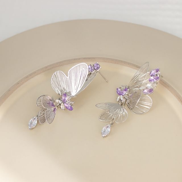 Rhinestone Butterfly Drop Earring / Clip On Earring