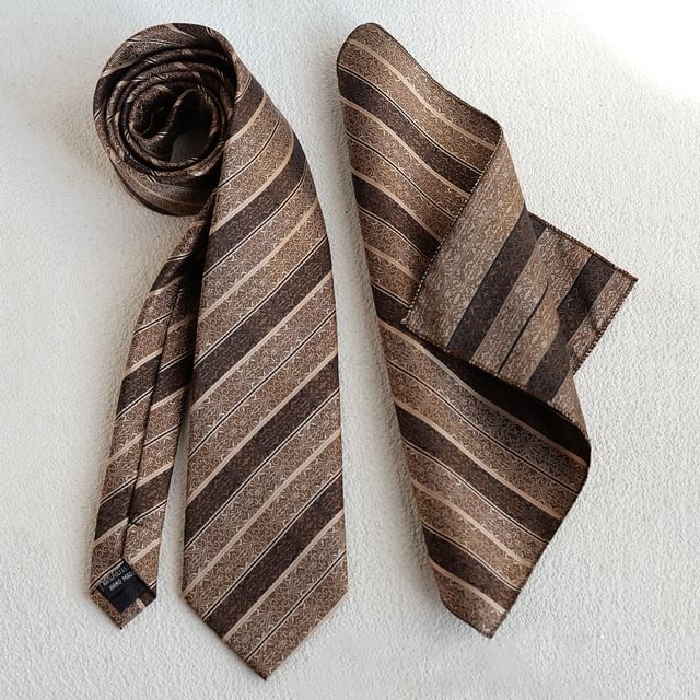 Striped Necktie & Accessory Set - Tie Clip Lapel Pin Pocket Square