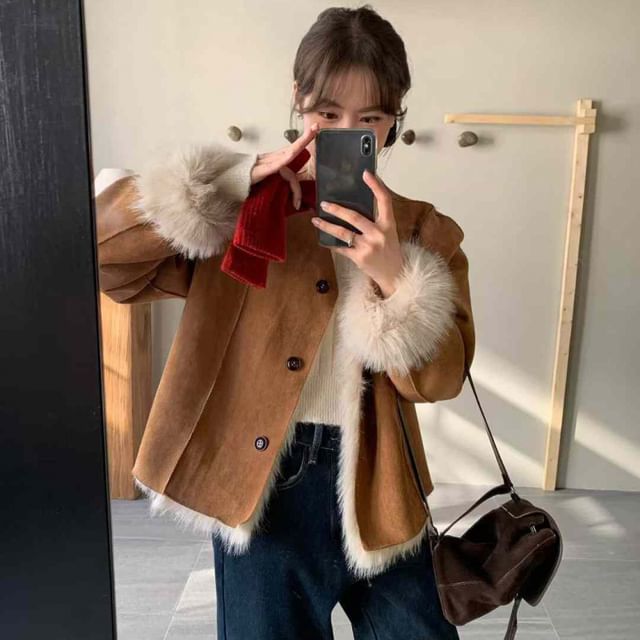 V-Neck Fluffy Button-Up Plain Jacket