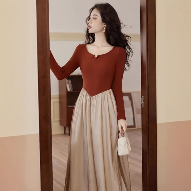 Long-Sleeve Scoop Neck Two Tone Sheer Panel Midi A-Line Dress