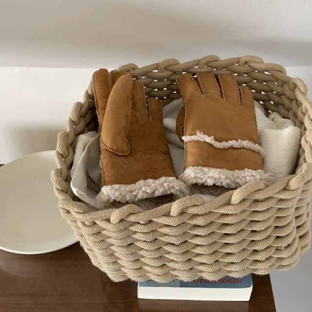 Plain Fluffy Trim Faux Suede Gloves