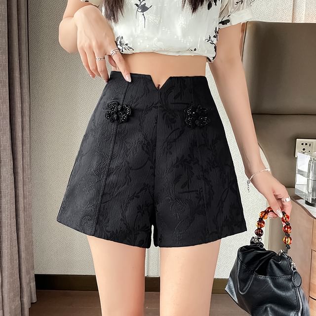 High Waist Plain Frog Button Shorts