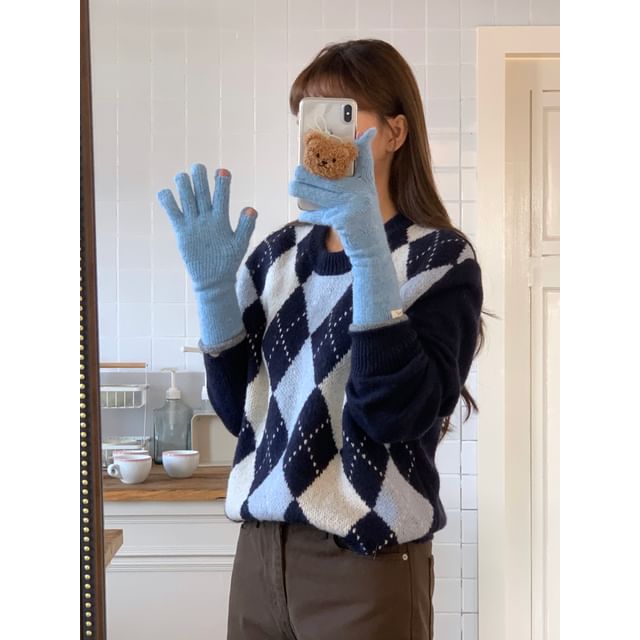 Applique Contrast Trim Knit Gloves