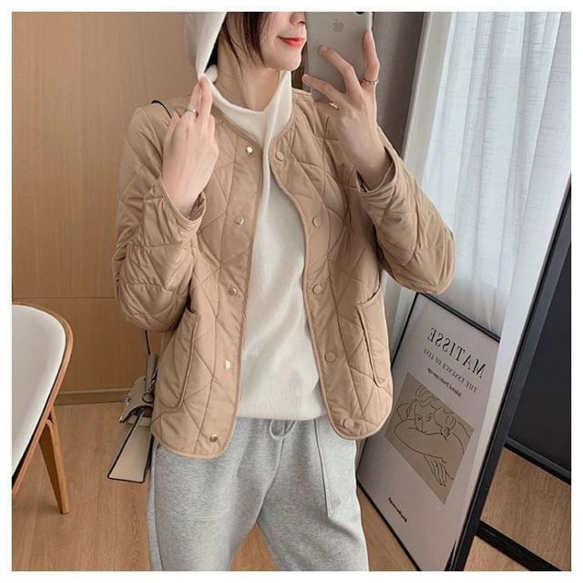 V-Neck Quilted Button-Up Jacket