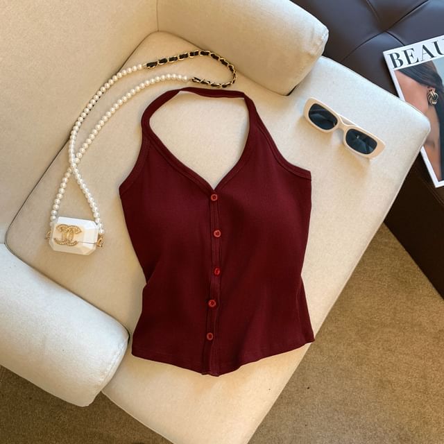 V-Neck Plain Button-Up Halter Top