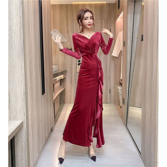 Elbow-Sleeve V-Neck Plain Ruffle Side-Slit Mermaid Evening Dress