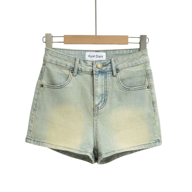 High Waist Washed Denim Hot Pants