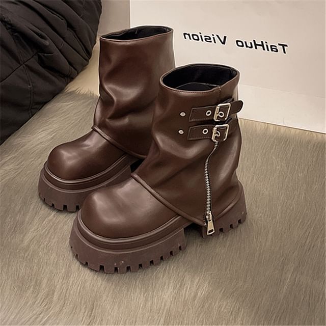 Platform Buckled Zip Panel Short Boots