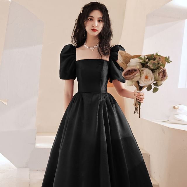 Square A-Line Evening Gown Maxi Sleeve Puff Plain Neck